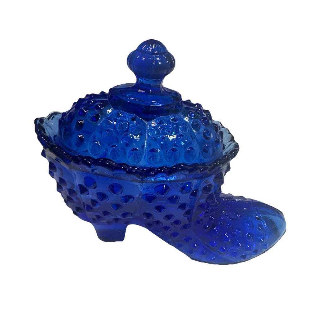 Vintage Fenton Cobalt Blue Glass Hobnail Lidded Shoe Trinket Box Candy Dish
